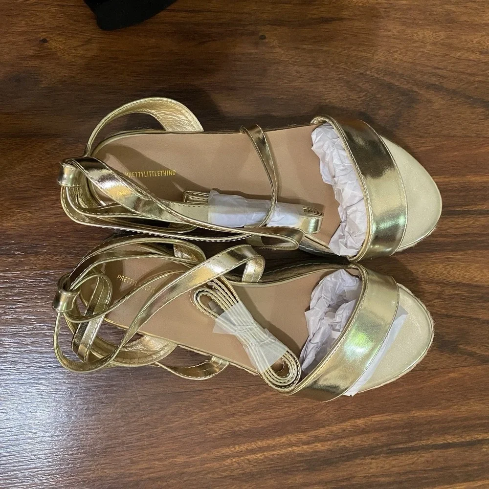 PrettyLittleThing Gold Espadrille Lace-up Platform Sandals SZ 38 / US 7.5 NIB
